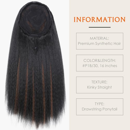 WIGNEE 16 Inches Kinky Straight Ponytail Extension Synthetic Drawstring Ponytail For Black Women Yaki Pony Tails Hair Extensions (16 Inches, 1B/30 Highlights)