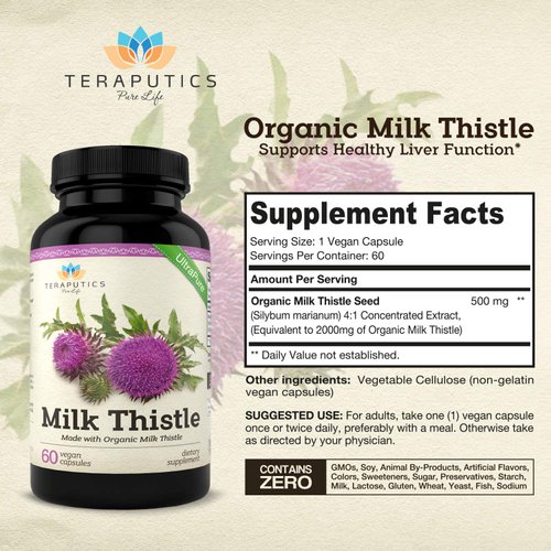 Organic Milk Thistle | Non GMO 2000mg 4X Concentrated Vegan Daily Supplement w/Silymarin Seed Extract for Liver Support, Detox and Cleanse - 60 Veggie Capsules