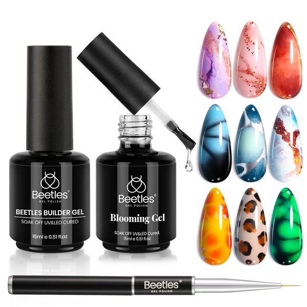 Beetles Nail Blooming Gel and Builder Nail Gel Set- Nail Art Polish for Spreading Effect Marble Stone Builder Extension Nail Gel, Soak Off LED Nail Lamp Gel DIY Manicure Gifts for Women, 2 Pcs 15ml