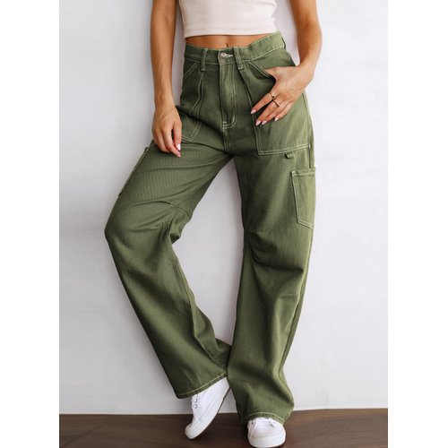 Dokotoo Cargo Pants Women High Waisted Baggy Wide Leg Dress Pants Women Womens TrousersPants Straight Leg Jeans for Women Trendy Baggy Y2K Trousers with Pockets Green