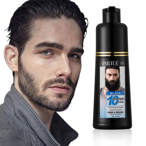 Black Mens Beard Dye For Men 3 in 1, 10 Minutes Gray Hair Coverage Black Beard Color Shampoo, Simple Up To 6 Weeks, Hair Dye Shampoo For Men Grooming, Black Hair Color For Men Beards Mustaches, 200ml