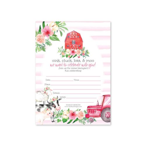 Hadley Designs 25 Farm Birthday Invitations Girl Birthday Invitations Animals - Barnyard Kids Birthday Invitations Farm Party Invitations for Girls, Farm Invites