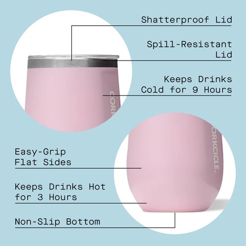 Corkcicle Stemless Insulated Wine Glass Tumbler, Gloss Rose Quartz, 12 oz – Stainless Steel Stemless Wine Glass Keeps Beverages Cold for 6 Hours, Hot for 3 Hours – Non-Slip, Easy-Grip Insulated Cup