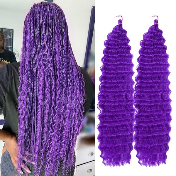 Ocean Wave Crochet Hair 24 Inch 2 Packs Deep Wave Curly Braiding Hair Extensions Synthetic Curly Crochet Hair For Black Women (Purple)