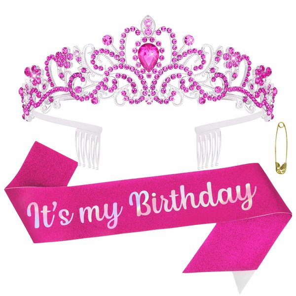 ACO-UINT Birthday Crown for Women, Hot Pink Birthday Headband Birthday Sash Birthday Tiara, Birthday Girl Crown Birthday Queen Tiara Decorations Birthday Gifts
