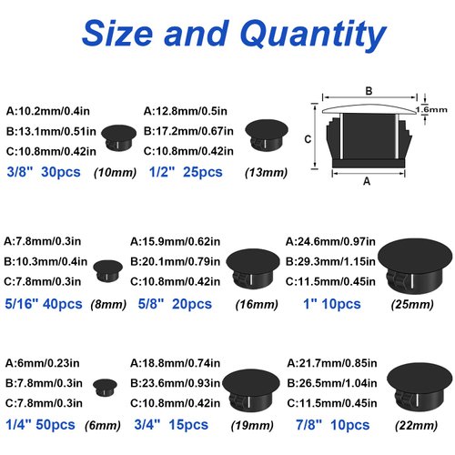 Tnisesm 200Pcs 8 Sizes Nylon Plastic Hole Plugs Black 1/4" 5/16" 3/8" 1/2" 5/8" 3/4" 7/8" 1" Round Drill Hole, Flush Type Panel Knockout Locking Plugs, Furniture Cabinet Insert End Caps