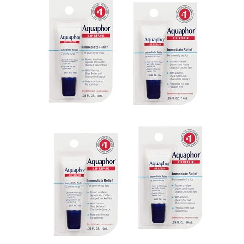 Aquaphor Lip Repair Ointment - Long-lasting Moisture to Soothe Dry Chapped Lips - .35 fl. oz Tube, 4 Pack