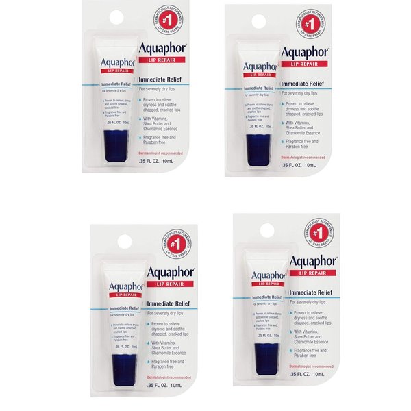 Aquaphor Lip Repair Ointment - Long-lasting Moisture to Soothe Dry Chapped Lips - .35 fl. oz Tube, 4 Pack
