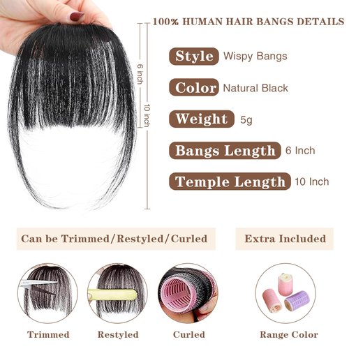 BUPPLER Clip in Bangs 100% Real Human Hair Pieces Hair Clip on bangs for women Faux Bangs Clip in Hair Extensions with Hair Roller for Daily Wear(4.5 * 6 Inch, Natural Black)