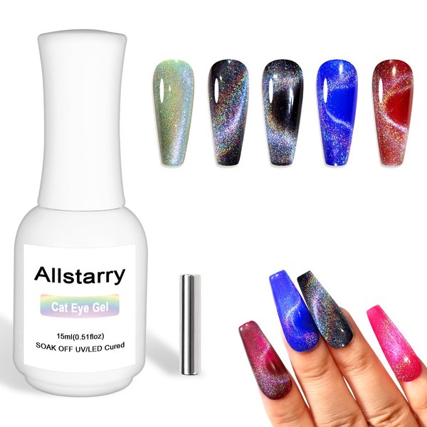 Allstarry Cat Eye Gel Nail Polish, 15ml/0.5fl oz Holographic Rainbow Magnetic Gel Polish UV LED Curing Soak Off Home DIY Nail Salon Manicure Kit with Magnet for Shimmer Velvet Nail Art - Rainbow Glass