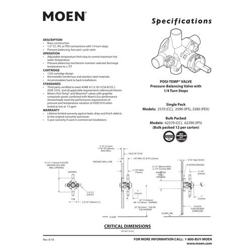 Moen 2580 Posi-Temp Brass Pressure Balancing Shower Valve, 1/2-Inch Crimp Ring PEX Connection