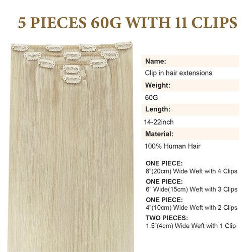 Clip in Hair Extensions Human Hair Straight Platinum Blonde 22 Inch Clip on Hair Extensions Natural Remy Brazilian Clip ins Real Human Hair Extensions for Women Invisible Double Weft 60G 5 PCS
