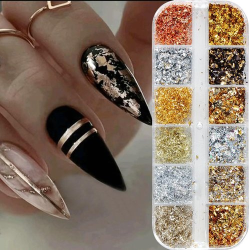 Holographic Nail Glitter Gold Foils for Kit, 12 Grids Sparkly Ultra-Thin Aluminum Foil Nail Art Flakes Designs, Powder Nail Glitters Sequins Acrylic Supplies DIY Manicure Charms Decorations, for Women