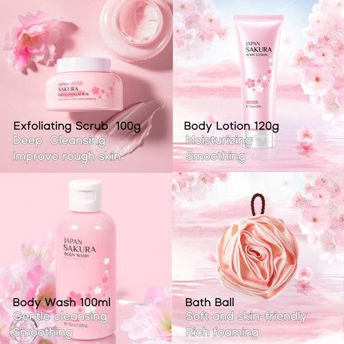 Bath and Body Travel Kit - Gifts for Women - Travel Size Toiletries for Women - Gift Set with Body Lotion,Body Wash,Scrub,Bath Ball - Nicotinamide and Sakura Extract,Clean,Nourish,Moisturize,Smooth