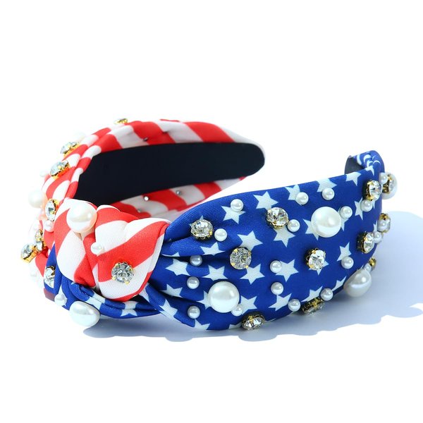 CULHEITE American Flag Headband Pearl Knotted Rhinestone Headband Independence Day July 4th Patriotic Star Hair Band Fashion Holiday Gift for Women Girls