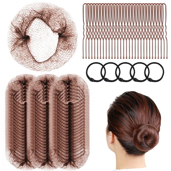 MAGDIY Hair Net Hair Accessories Set, 50 Pcs 20 Inch Invisible Hair Nets, 50 Pcs U-Shaped Pins and 5 Pcs Hair Ties, Perfect for Women, Girls Ballet Bun Hair Bun Making (Brown, 105 Pcs Set)