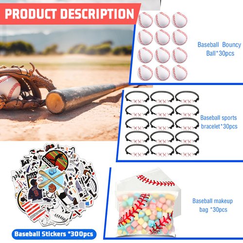Huquary 390 Pcs Baseball Party Favors Set Waterproof Baseball Gift Goodie Bags Foam Baseball Stress Ball Baseball Sports Bracelets Baseball Stickers for Baseball Themed Birthday Party Favor Decoration