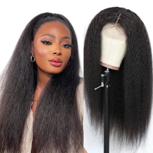 Selina Kinky Straight Wig 4x4 Lace Closure Wigs Human Hair Yaki Straight Wig Lace Closure Wig Brazilian Human Hair Wigs For Black Women 150% Density Wig Natural Color (14inch, Kinky Straight Wig)