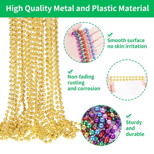 YAXINRUI 33 Inch 7 mm Metallic Gold Bead Necklaces, 15pcs Mardi Gras Beads Bulk Round Beaded Necklaces Costume Necklace for Mardi Gras Party Christmas Festive Events, Party Favors