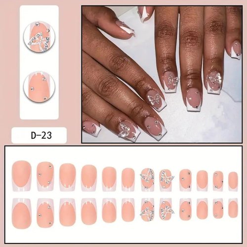 LPOODDNU Short Press on Nails with Charms Butterfly White French Acrylic Nails Square Shape False Nails Very Cute Nails Short Square Stick on Nails for Women Finger Manicure, 24Pcs