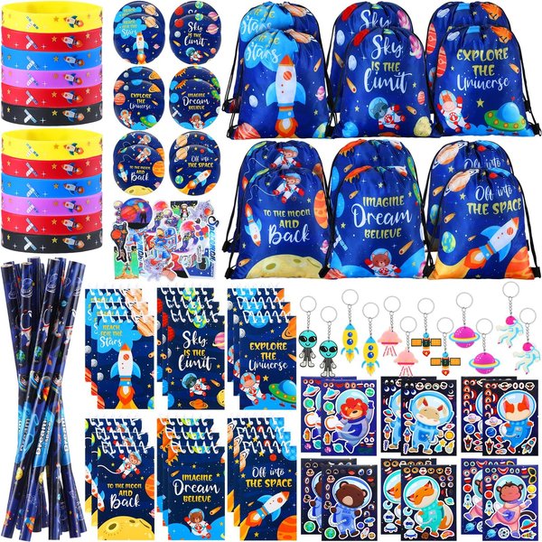 Abbylike 91 Pieces Space Party Favors Set Includes Drawstring Bags Silicone Bracelets Badge Buttons Keychains Spiral Notepads Pencils and Stickers for Kids Birthday Supplies Decorations Gifts