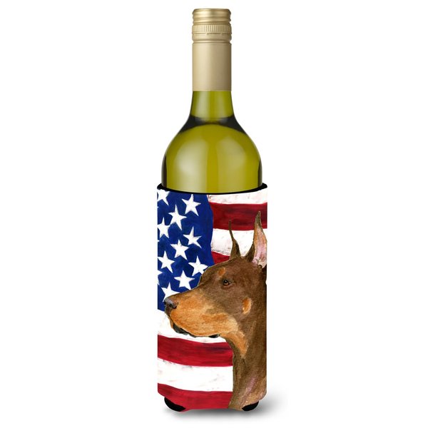 Caroline's Treasures SS4224LITERK USA American Flag with Doberman Wine Bottle Hugger Bottle Cooler Sleeve Hugger Machine Washable Collapsible Insulator Beverage Insulated Holder