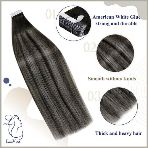 LaaVoo Black Tape in Hair Extensions Human Hair Ombre 22 inch Off Black to Silver with Black Balayage Tape in Human Hair Extensions for Black Women Long Skin Weft 20pcs 50g