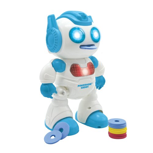 LEXiBOOK, Powerman Shoot - My First Throwing-disc Robot, Programmable Remote Control Robot, Plays Music and Dances, Sound and Light Effects, 12 Foam Discs, ROB17, White/Blue