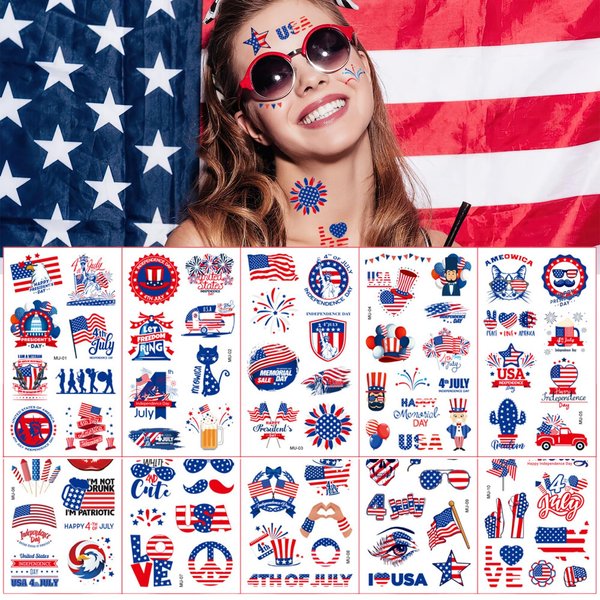 10 Sheets 4th Of July Temporary Tattoo 100＋ Unique Images Independence Day Tattoo Stickers, American Flag Eagles Hat Balloons Tattoos Body Face Art Sticker