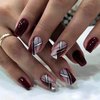 QQPPOLIU Press on Nails Medium Square Artificial Nails Dark Red Fake Press on Nails Holiday False Nails Girls Fake Nail with Geometric Pattern Glitter Full Cover Nails