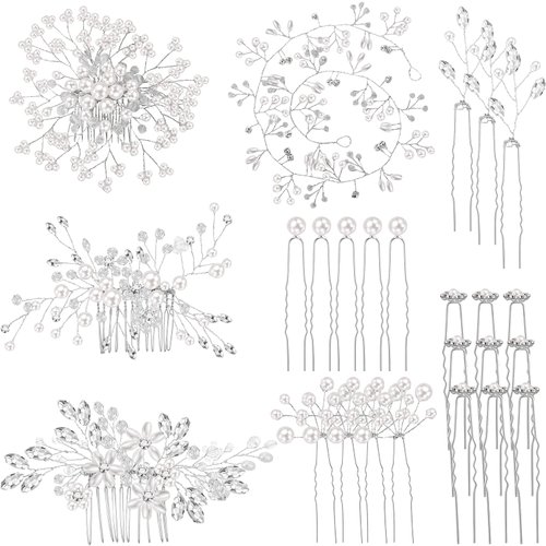 Maitys 44 Pieces Wedding Hair Comb Faux Pearl Crystal Bride Hair Accessories Hair Side Comb Clips U-shaped Flower Rhinestone Pearl Hair Clips for Bride Bridesmaid (Delicate Style)