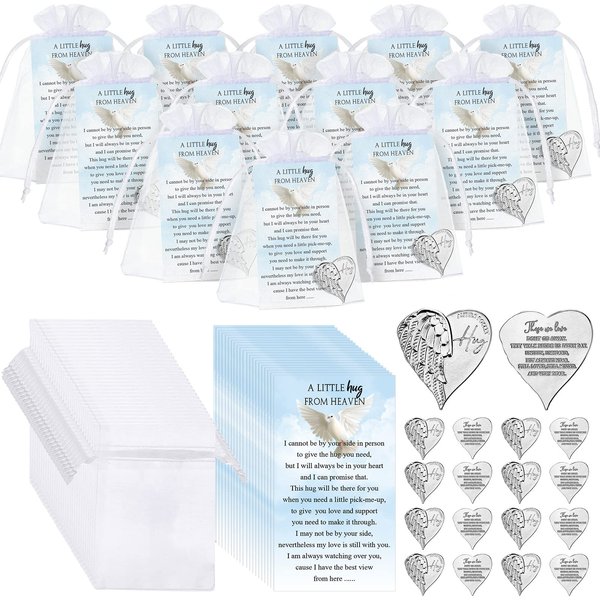 Inbagi 100 Sets Memorial Angel Sign Coins Set Funeral Pocket Token Lucky Pocket Angel Coins Heart Hug Token Poem Cards Organza Gift Bags Celebration of Life Favors Angel Charms Presents for Family