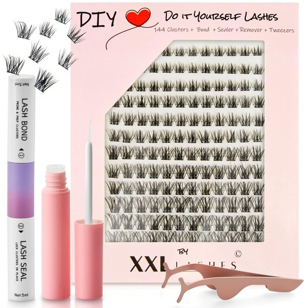 XXL Lashes Lashes Kit, 144 Cluster False-Eyelashes in 5 Lengths, Beginner-Friendly, Including Bond/Adhesive, Sealer, Remover, Applicator and Manual, Black