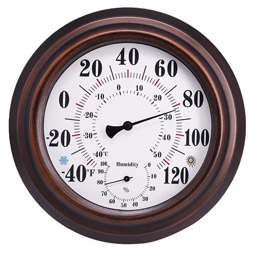 Indoor Outdoor Thermometer - Premium Steel Wall Thermometer Hygrometer for Patio, Wall or Decorative, No Battery Required Hanging Thermometer 8" Round Diameter (Bronze)