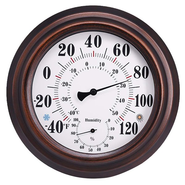 Indoor Outdoor Thermometer - Premium Steel Wall Thermometer Hygrometer for Patio, Wall or Decorative, No Battery Required Hanging Thermometer 8" Round Diameter (Bronze)