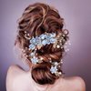 Bridal Hair Combs, Wedding Hair Comb Set Crystal Flower Hair Clips Bride Bridesmaid Hair Sides Comb Rhinestone Barrettes, Pearl Flower Hair Pins Hair Accessories for Women Girls (Light Blue)