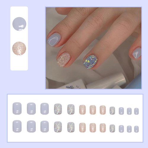 24 Pcs Grey-Blue Press on Nails Short Square - SHANRUN Fake Nails Press ons Spring Glossy Nail Tip Full Cover False Nails with Sequins Glitter Design Glue on Nails Kit Acrylic Nail Art DIY for Women