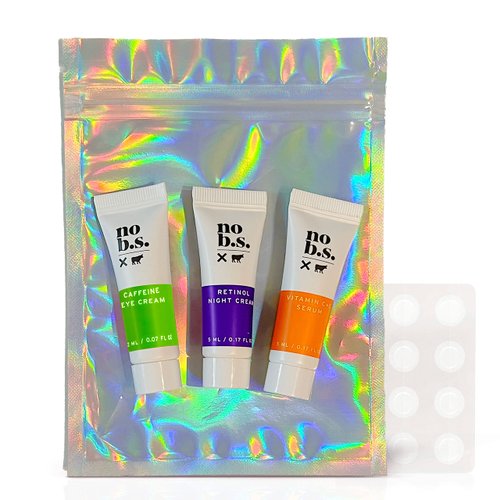 No B.S. (No Bad Stuff) Skincare Minis Kit, Vitamin C & E Serum with Hyaluronic Acid, Retinol Night Cream, Caffeine Eye Cream, Waterproof Acne Patches, 4 Product Trial Size Skin Care, Gluten Free