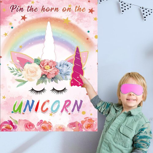 Pin The Horn on The Unicorn Game -Unicorn Party Game for Girls with 21'' x 28'' Poster, Reusable Horn Stickers Party Supplies for Kids Girls Birthday Party Favor Sets