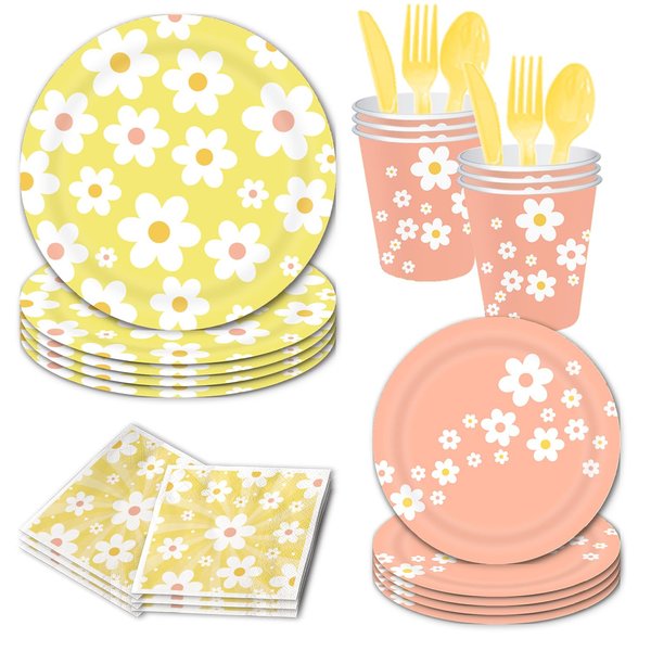 Daisy Party Tableware Decorations, 112pcs Daisy Party Supplies Include Paper Plates Napkins Cups Forks Knives Spoons for Daisy Flowers Summer Boho Girls Women Birthday Babyshower Party