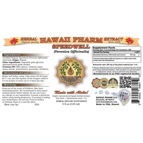 Speedwell Liquid Extract, Organic Speedwell (Veronica Officinalis) Tincture, Herbal Supplement, Hawaii Pharm, Made in USA, 4 fl.oz