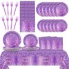 98 Pieces Purple Silver Birthday Party Decorations Purple Birthday Party Tablecloths Touchdown Happy Birthday Party Tableware Sets for Girls Women Silver Glitter Birthday Party Supplies