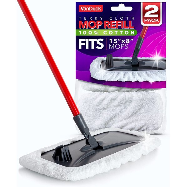 VanDuck 100% Cotton Pad Terry Cloth Mop Refills 15x8 inches, 2 Pack (Mop is Not Included)