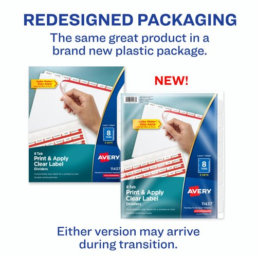 Avery 8 Tab Dividers for 3 Ring Binder, Easy Print & Apply Clear Label Strip, Index Maker Customizable White Tabs, 5 Sets (11437)