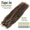 Tape in Hair Extensions Jerry Curly Human Hair Tape in Extensions Curly Remy Hair Tape ins Extensions 16 Inch Chocolate Brown Highlighted Caramel Blonde Tape on Extensions 20pcs 50g