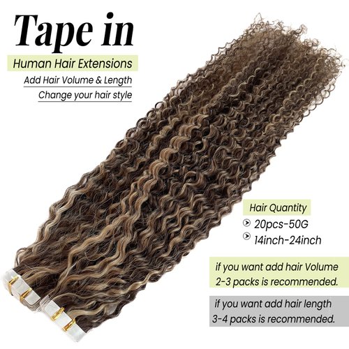 Tape in Hair Extensions Jerry Curly Human Hair Tape in Extensions Curly Remy Hair Tape ins Extensions 16 Inch Chocolate Brown Highlighted Caramel Blonde Tape on Extensions 20pcs 50g