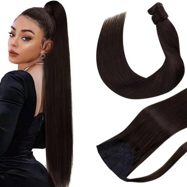 Hetto Brown Ponytail Extensions Human Hair Wrap Around Ponytail Extensions #2 Darkest Brown Ponytail Hair Extensions Natural One Piece Hairpieces 12 Inch 70g