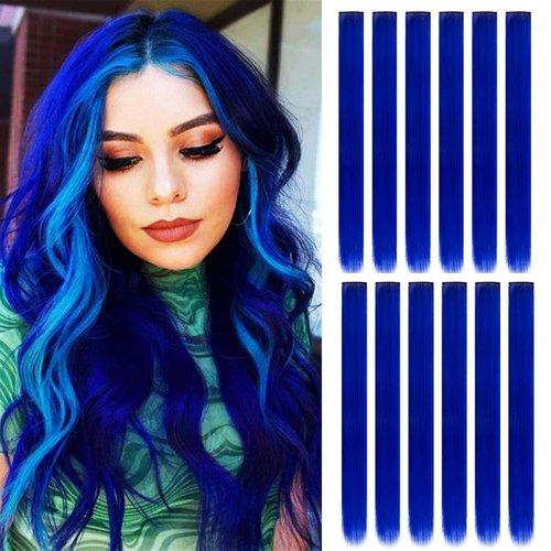 12 Pcs Colored Hair Extensions,22 inch Colored Highlights Clip in Hairpieces Rainbow Hair Extensions Colorful Party Straight Synthetic Hair Piece for Women Girls Gift (Blue)