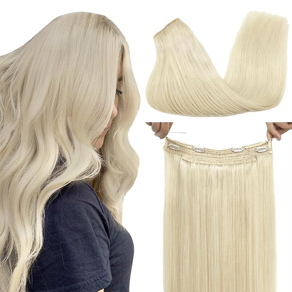 GOO GOO Wire Hair Extensions Human Hair, 60C Platinum Blonde 20inch 110g, Invisible Wire Hair Extensions with Transparent, Seamless Fish Line Hairpiece