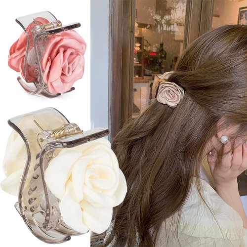 Agirlvct 3 Pack Flower Hair Clip Medium, Small Camellia Claw Clips for High Ponytail,Hair Clips Travel Beach Holiday Birthday Gift for Mother Girl Thick Thin Long Hair(Pink Champagne White)